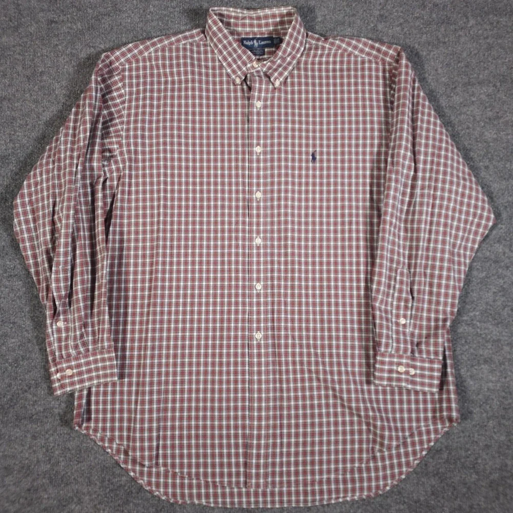 Polo‎ Ralph Lauren Mens 17.5 34/35 Yarmouth Plaid Red White Long Sleeve Button